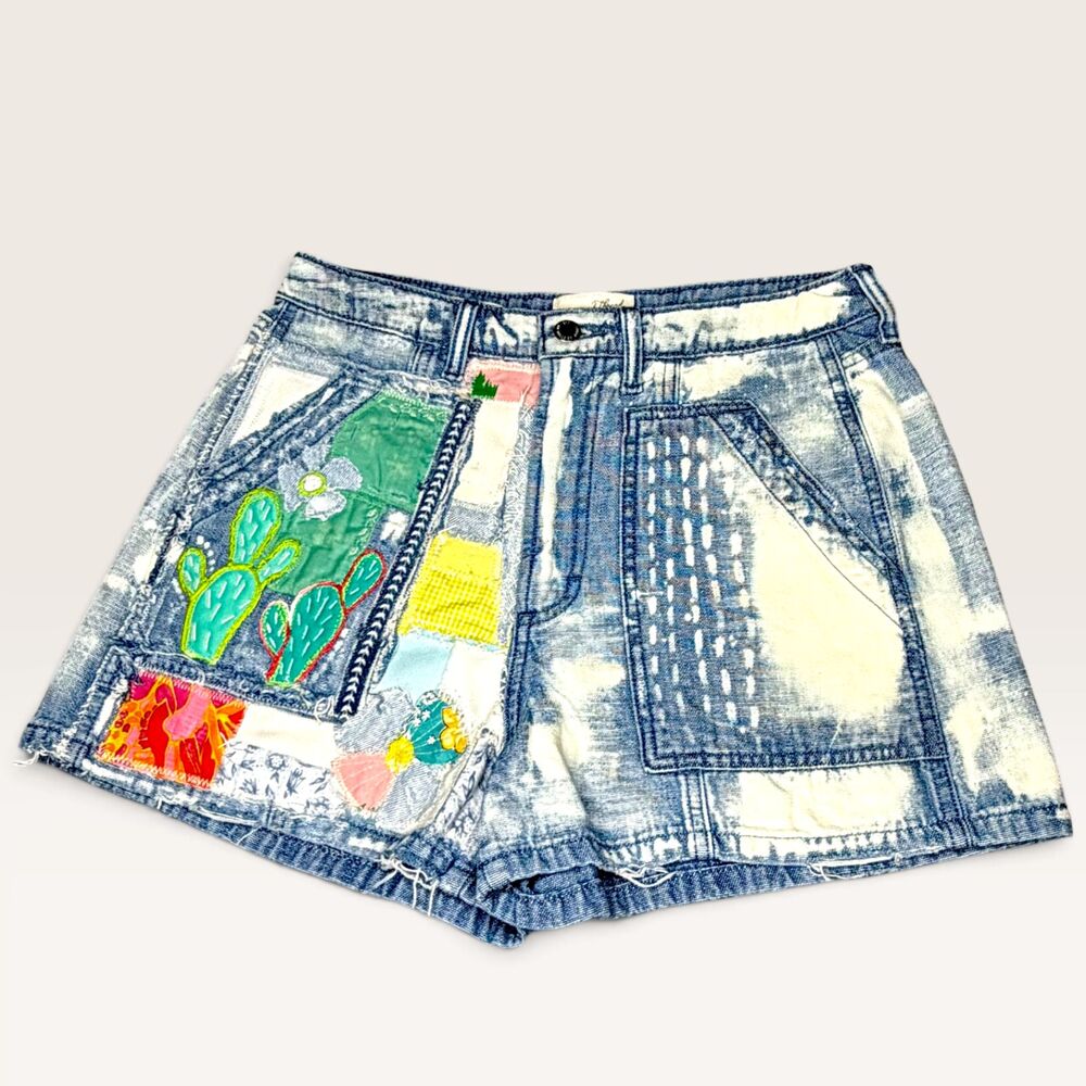 OOAK Upcycled Universal Thread Bleached Patchwork Embroidered Denim Shorts Sz: 8